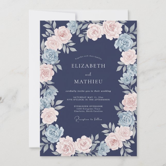 Convite Casamento Floral Etéreo Rosa Navy (Frente)