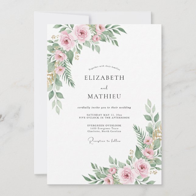 Convite Casamento Floral Etéreo Rosa Pálido (Frente)