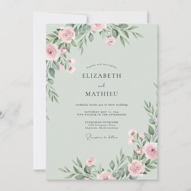 Convite Casamento Floral Etéreo Rosa Sage (Frente)