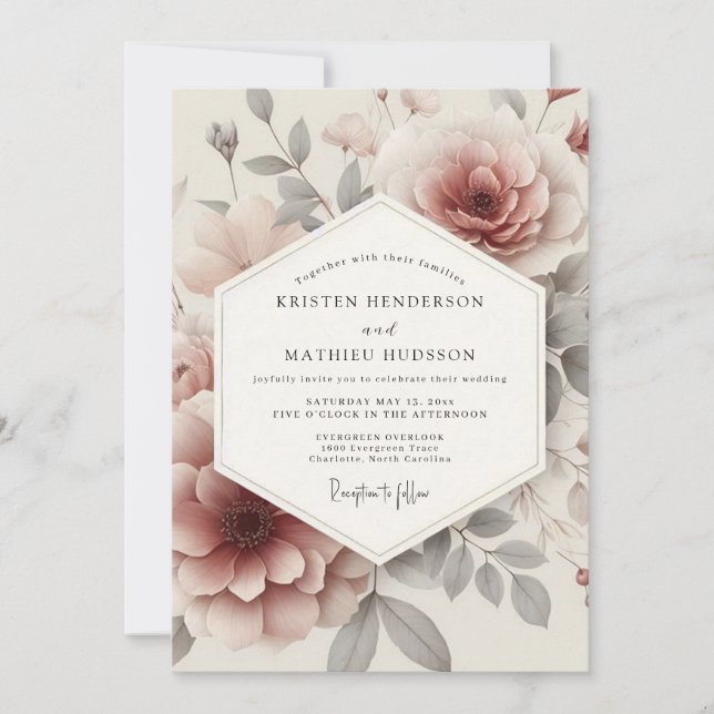Convite Casamento Floral Etéreo Rose Ash (Frente)
