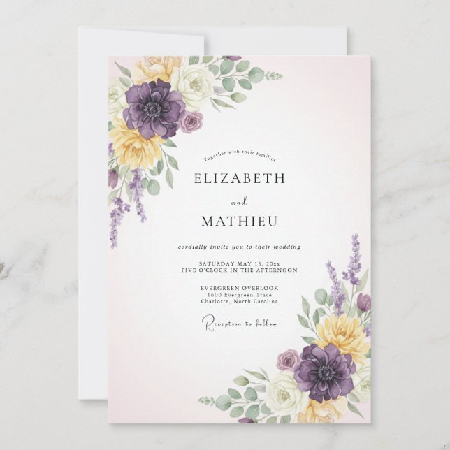 Convite Casamento Floral Etéreo Roxo Amarelo (Frente)