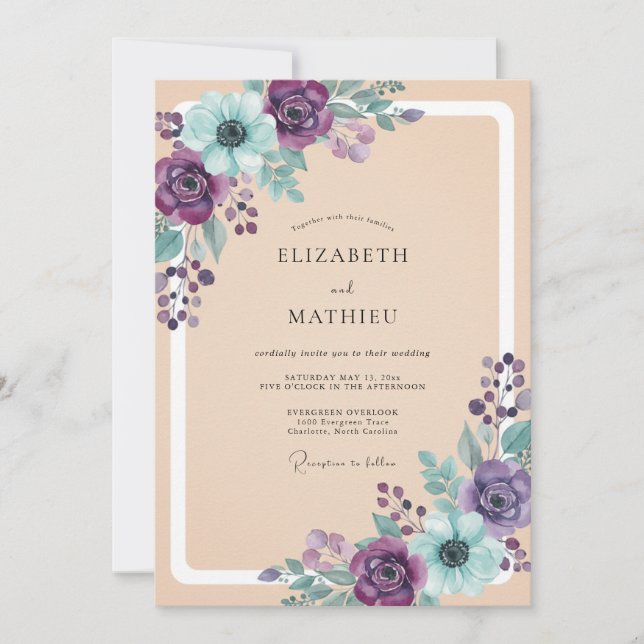 Convite Casamento Floral Etéreo Roxo Azul (Frente)
