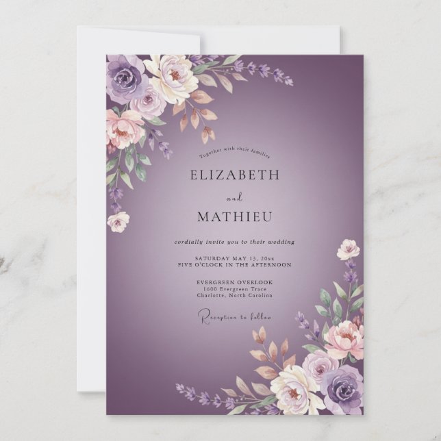 Convite Casamento Floral Etéreo Roxo Empoeirado (Frente)