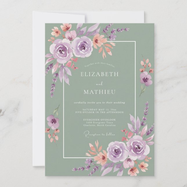Convite Casamento Floral Etéreo Roxo Salvia (Frente)