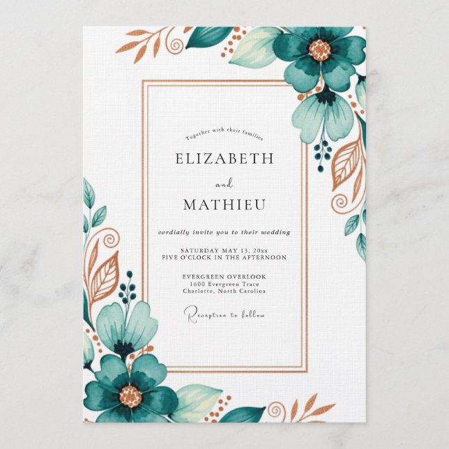 Convite Casamento Floral Etéreo Turquesa (Frente)