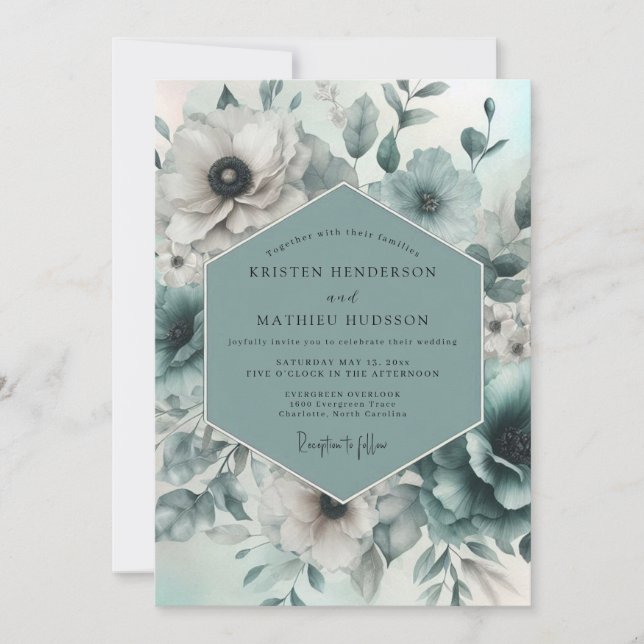 Convite Casamento Floral Etéreo Turquesa (Frente)