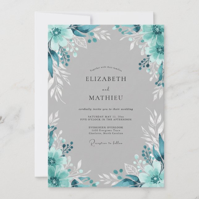Convite Casamento Floral Etéreo Turquesa (Frente)