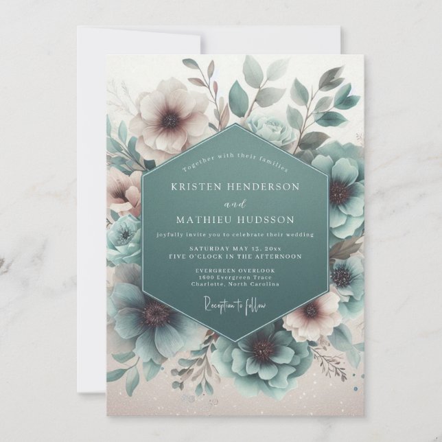 Convite Casamento Floral Etéreo Turquesa (Frente)