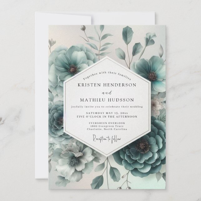 Convite Casamento Floral Etéreo Verde-Azul (Frente)