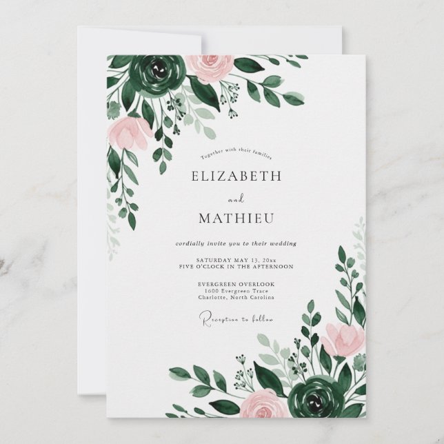 Convite Casamento Floral Etéreo Verde Floresta (Frente)