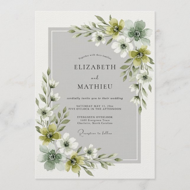 Convite Casamento Floral Etéreo Verde Oliva (Frente)