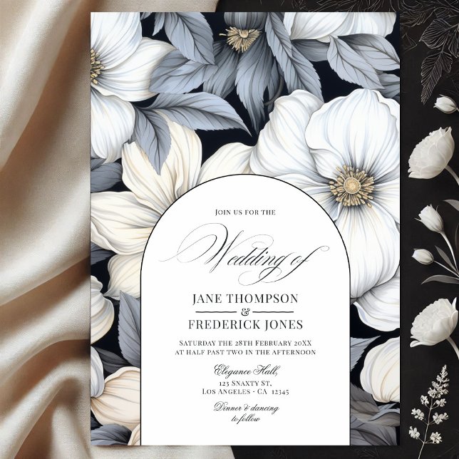 Convite Casamento Floral eterno Preto e Branco (Timeless Black and White Floral Wedding Invitation)