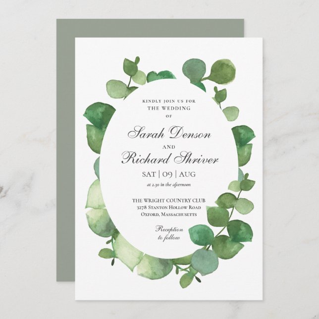 Convite Casamento Floral Eucalyptus Boho Greenery (Frente/Verso)