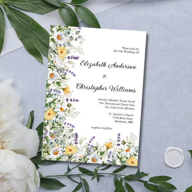 Convite Casamento Floral Eucalyptus com Lavanda Amarela br (Yellow White Lavender Eucalyptus Wildflowers  Wedding Invitation. Printed or Digital Download)