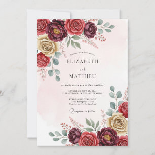 Convite Casamento Floral Exquisito Borgonha