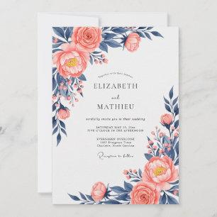 Convite Casamento Floral Exquisito em Azul Marinho e Pêsse