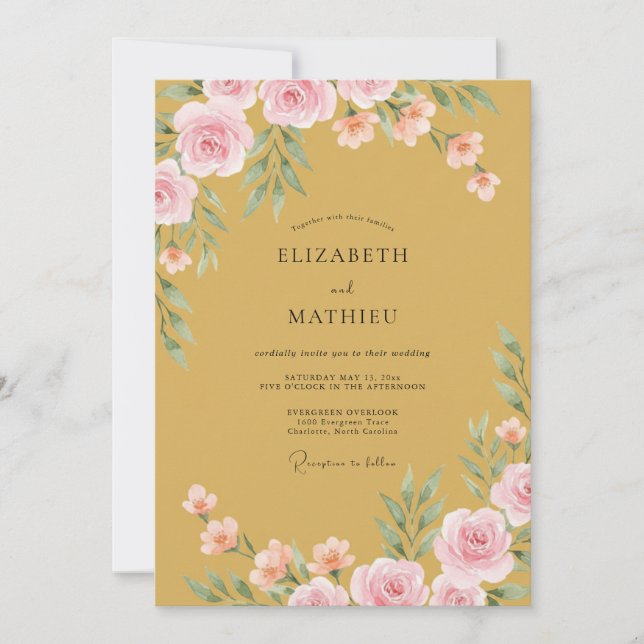 Convite Casamento Floral Exquisito em Ocre (Frente)