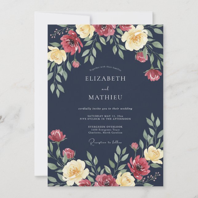 Convite Casamento Floral Exuberante Azul Naval (Frente)