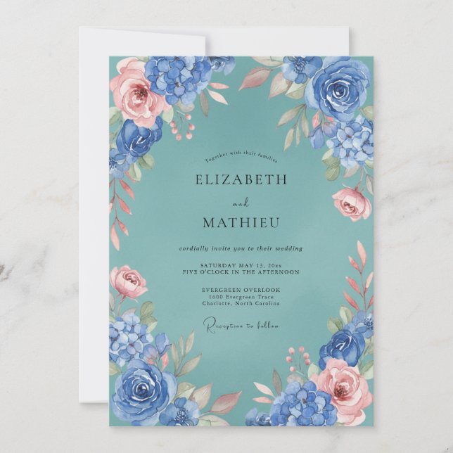 Convite Casamento Floral Exuberante Azul Rosa (Frente)