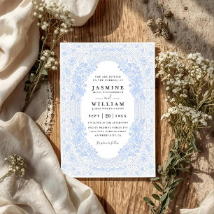 Convite Casamento Floral Exuberante Código QR Azul Pastel 