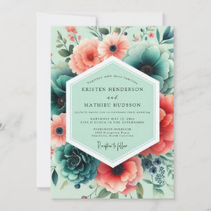 Convite Casamento Floral Exuberante Coral Menta
