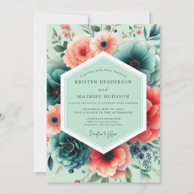 Convite Casamento Floral Exuberante Coral Menta (Frente)