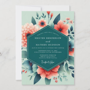 Convite Casamento Floral Exuberante Coral Turquesa