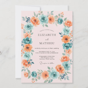 Convite Casamento Floral Exuberante Coral Turquesa