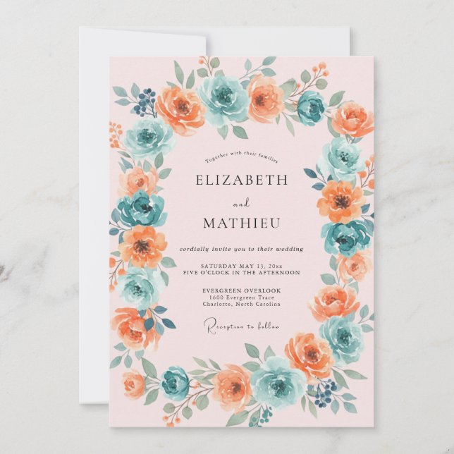 Convite Casamento Floral Exuberante Coral Turquesa (Frente)