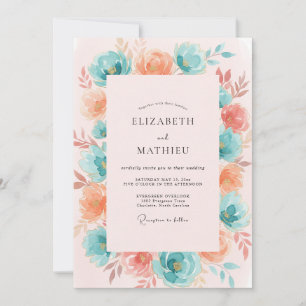 Convite Casamento Floral Exuberante Coral Verde-água