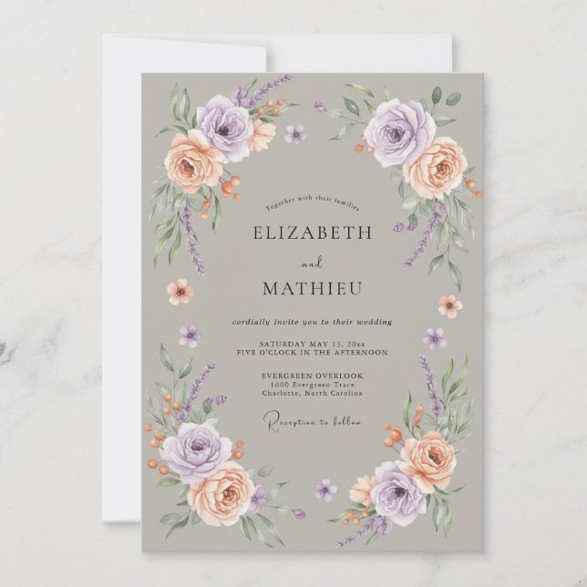 Convite Casamento Floral Exuberante de Lavanda e Pêssego (Frente)