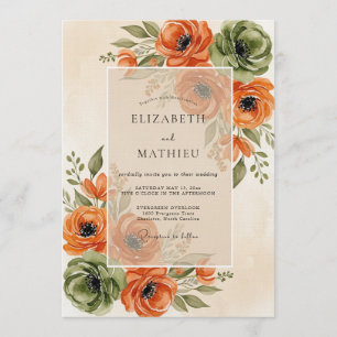 Convite Casamento Floral Exuberante de Outono Laranja