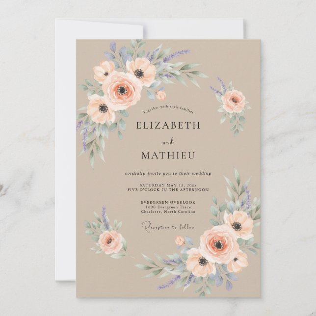 Convite Casamento Floral Exuberante de Pêssego (Frente)