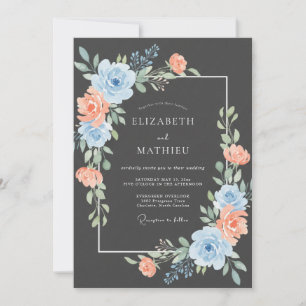 Convite Casamento Floral Exuberante de Pêssego Azul