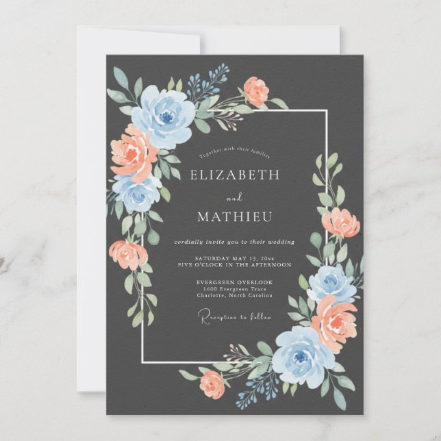 Convite Casamento Floral Exuberante de Pêssego Azul (Frente)