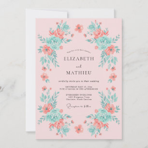 Convite Casamento Floral Exuberante de Pêssego e Hortelã