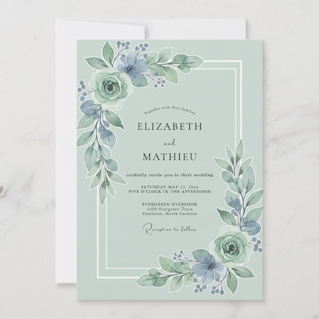 Convite Casamento Floral Exuberante em Azul Sage (Frente)