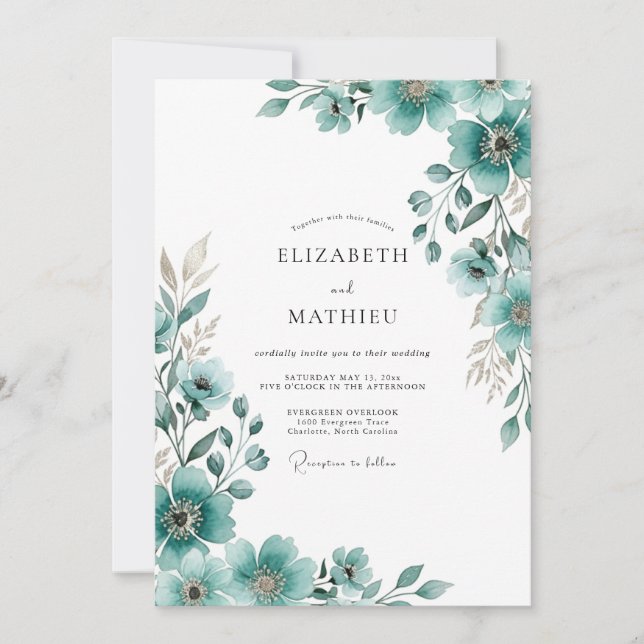 Convite Casamento Floral Exuberante em Azul Turquesa Pinta (Frente)