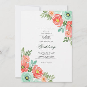 Convite Casamento Floral Exuberante em Coral e Hortelã