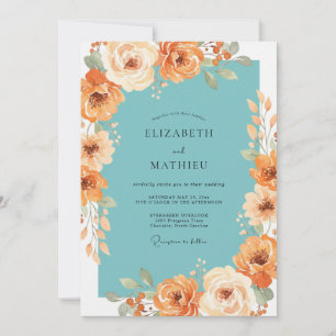 Convite Casamento Floral Exuberante em Teal e Pêssego