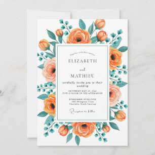 Convite Casamento Floral Exuberante em Tons de Pêssego e T
