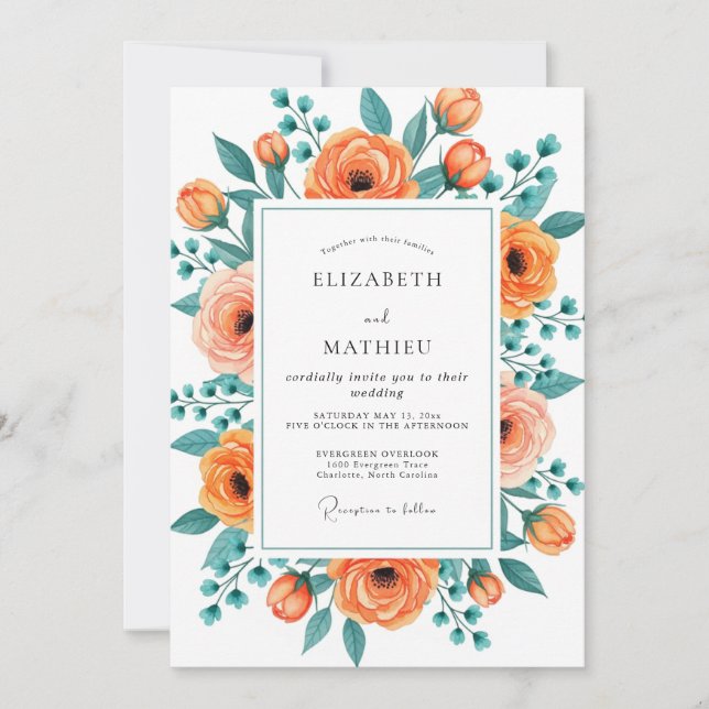 Convite Casamento Floral Exuberante em Tons de Pêssego e T (Frente)