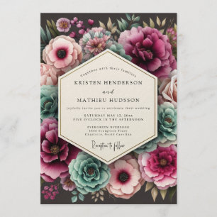 Convite Casamento Floral Exuberante em Verde-azulado e Mag