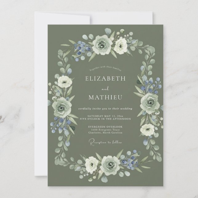 Convite Casamento Floral Exuberante em Verde Sage (Frente)