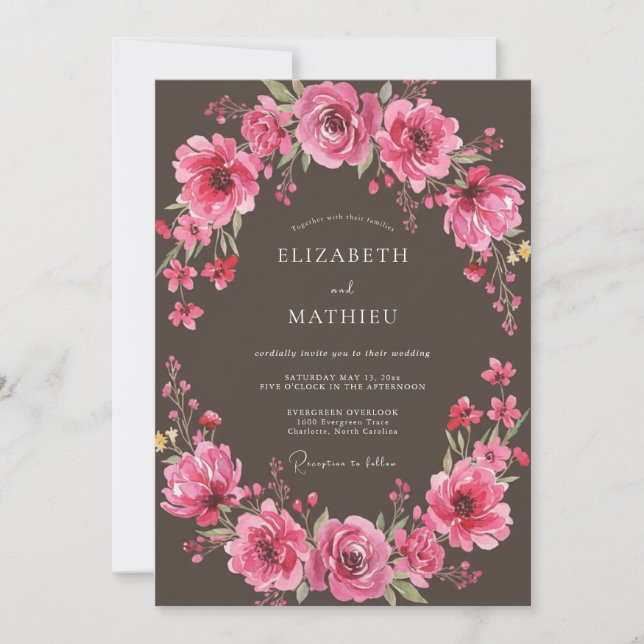 Convite Casamento Floral Exuberante Magenta (Frente)