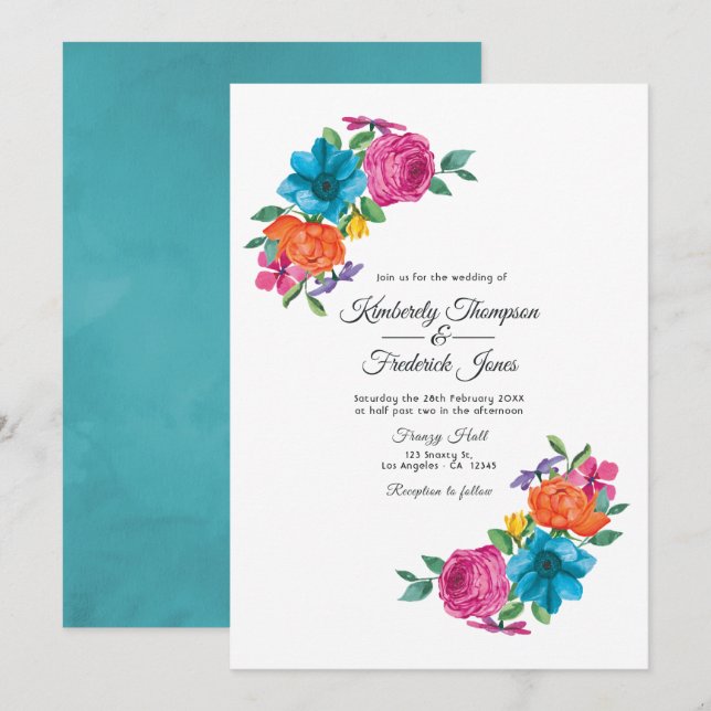 Convite Casamento Floral Fiesta Aquarela (Frente/Verso)
