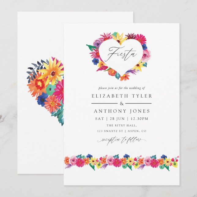Convite Casamento Floral Fiesta em Aquarela (Frente/Verso)