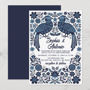 Convite Casamento Floral Fiesta Otomi Pássaros Azuis Mexic