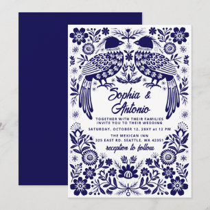 Convite Casamento Floral Fiesta Otomi Pássaros Azuis Mexic
