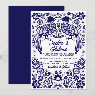 Convite Casamento Floral Fiesta Otomi Pássaros Azuis Mexic